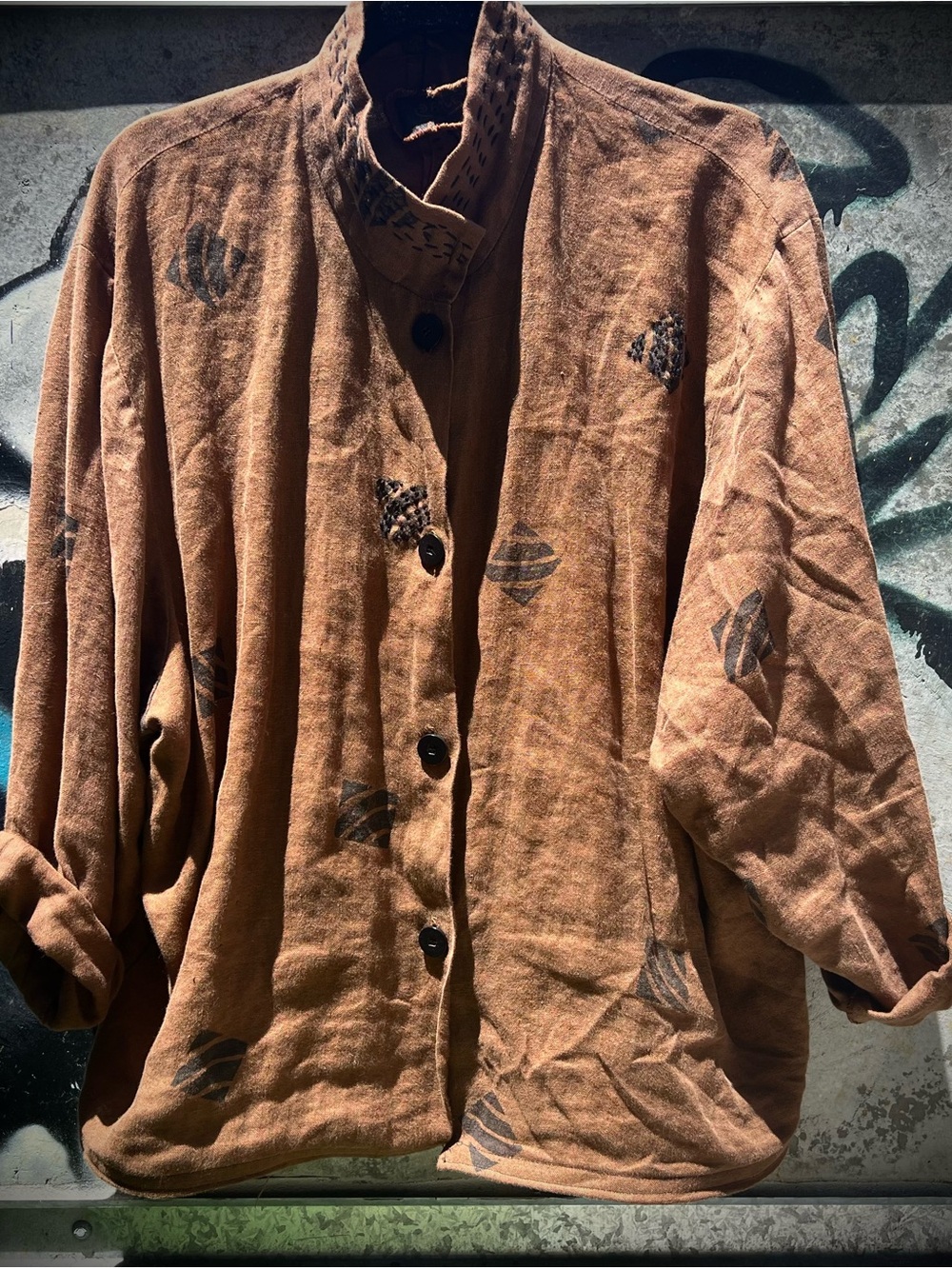 Linen Rust Brown Button-Front Boho Shirt/Jacket with Subtle Print